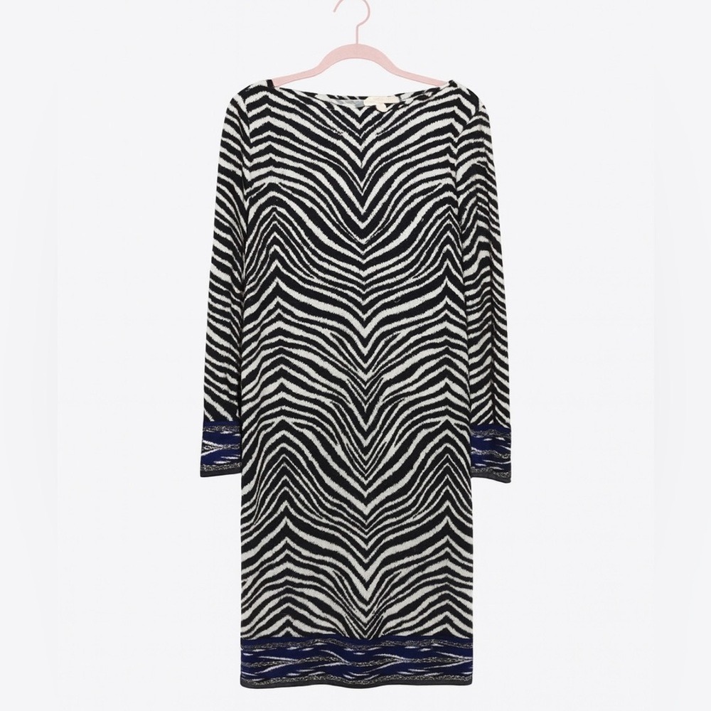 Michael Kors Zebra Print Dress Large Black White Blue Office Siren Animal Print